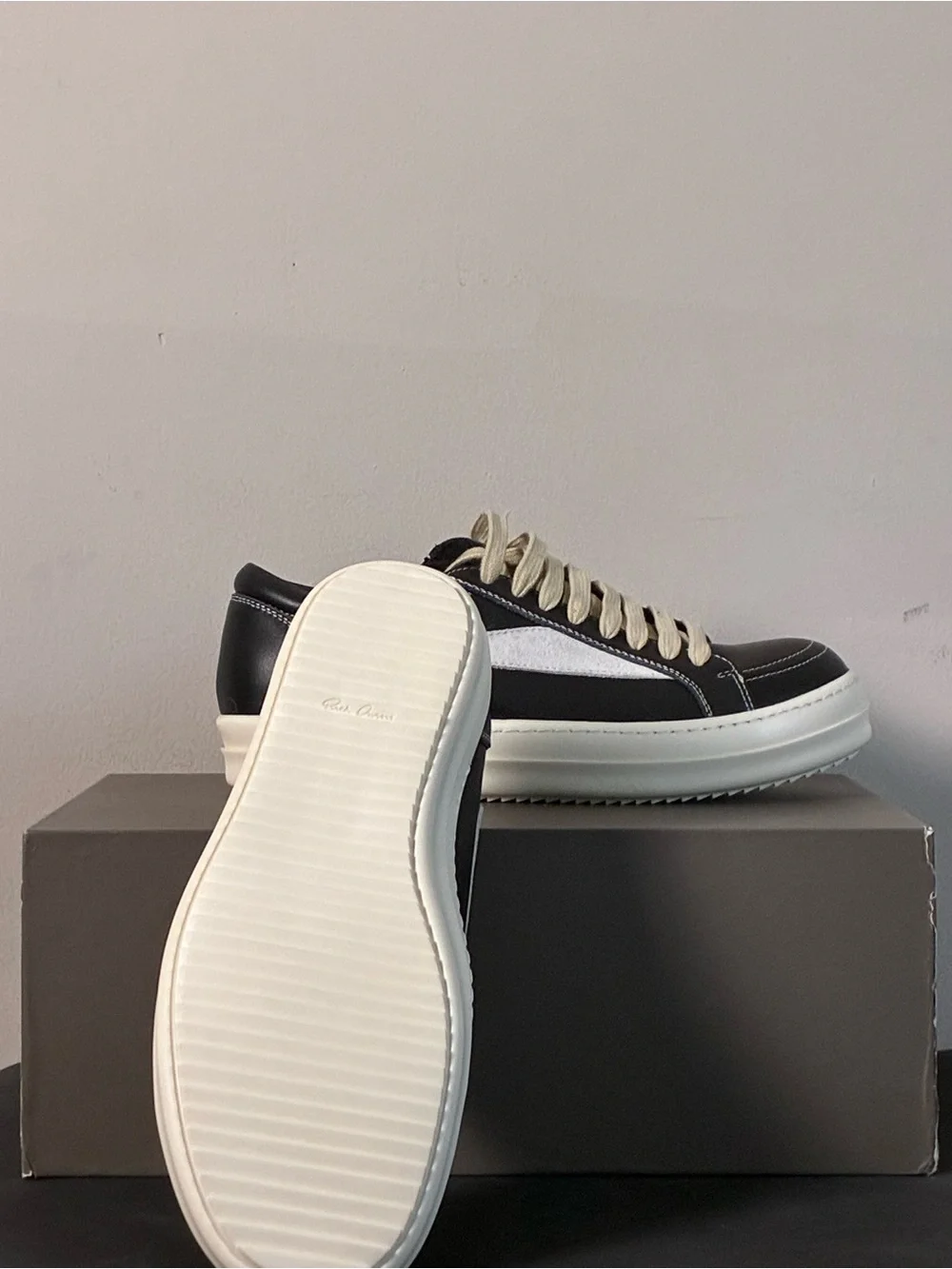 Rick Owens Black Leather Low-Top Sneakers with Cream Accents